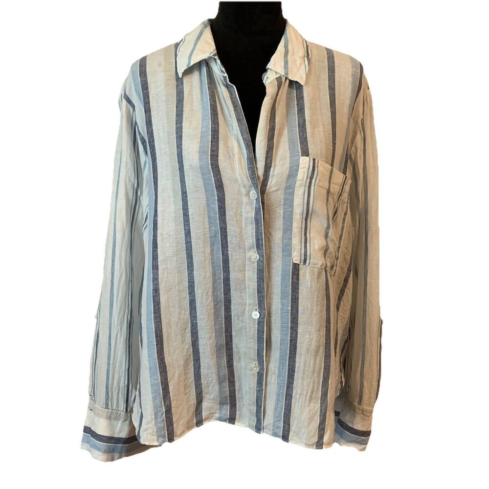 Madewell Linen Shirt Womens XL Striped Long Roll Tab Sleeves Coastal Beach
